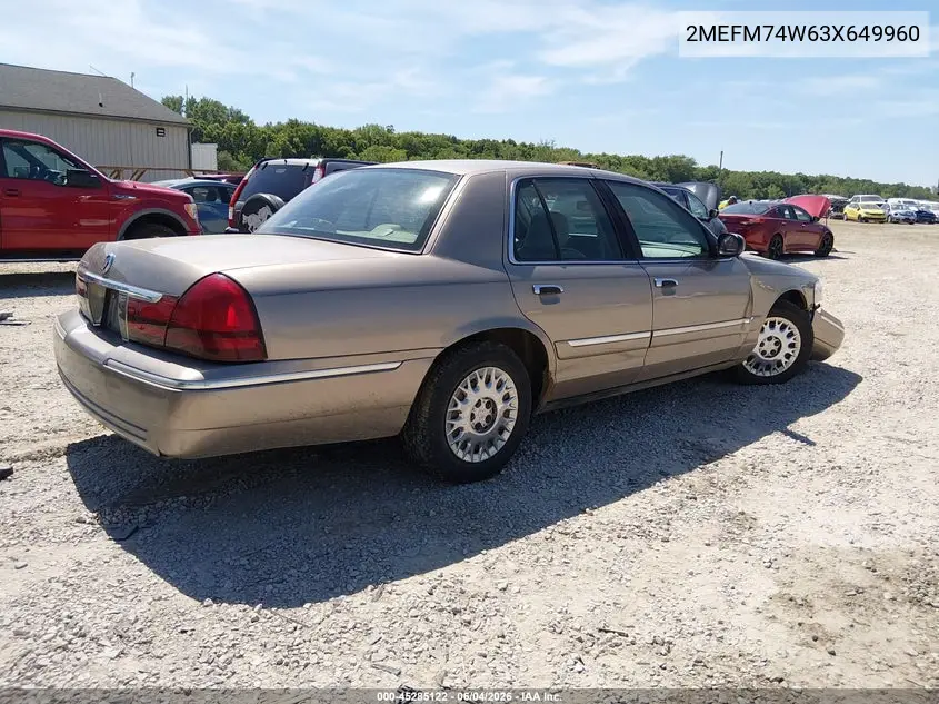 2003 Mercury Grand Marquis Gs VIN: 2MEFM74W63X649960 Lot: 45285122