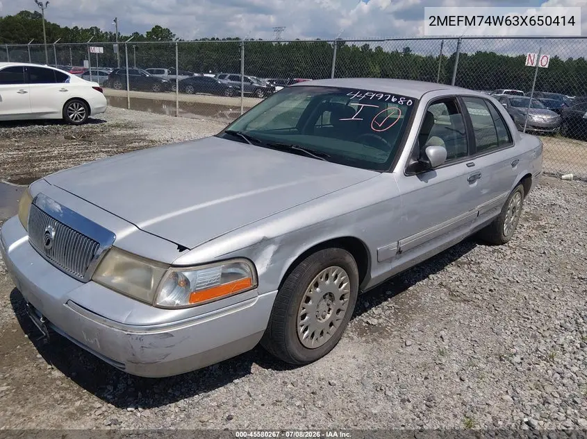 2003 Mercury Grand Marquis Gs VIN: 2MEFM74W63X650414 Lot: 45580267