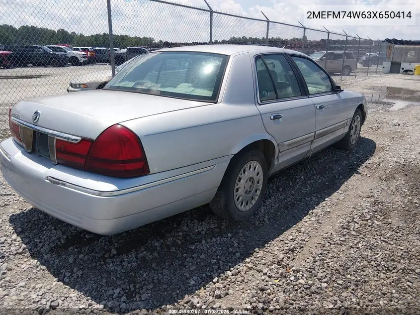 2003 Mercury Grand Marquis Gs VIN: 2MEFM74W63X650414 Lot: 45580267