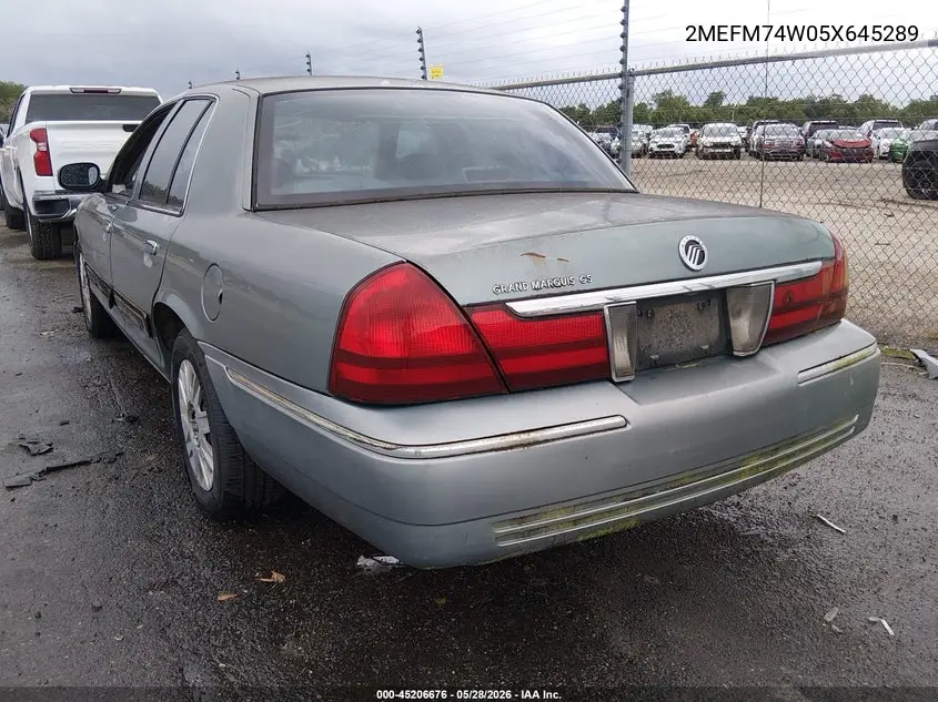 2005 Mercury Grand Marquis Gs VIN: 2MEFM74W05X645289 Lot: 45206676