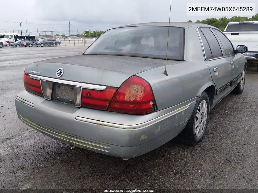 2005 Mercury Grand Marquis Gs VIN: 2MEFM74W05X645289 Lot: 45206676