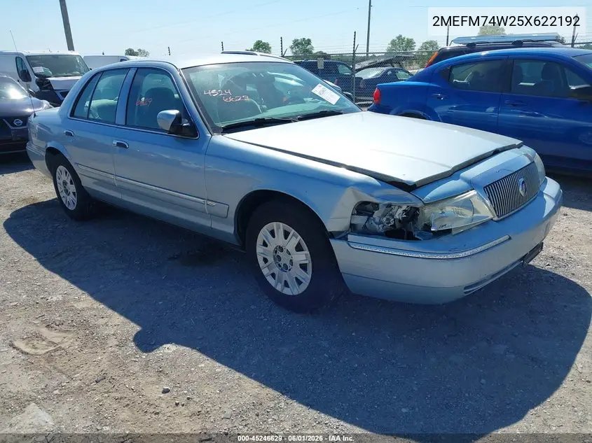 2005 Mercury Grand Marquis Gs VIN: 2MEFM74W25X622192 Lot: 45246629