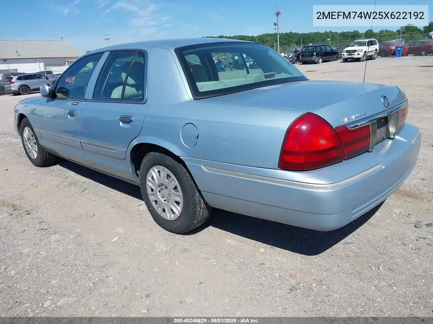 2005 Mercury Grand Marquis Gs VIN: 2MEFM74W25X622192 Lot: 45246629