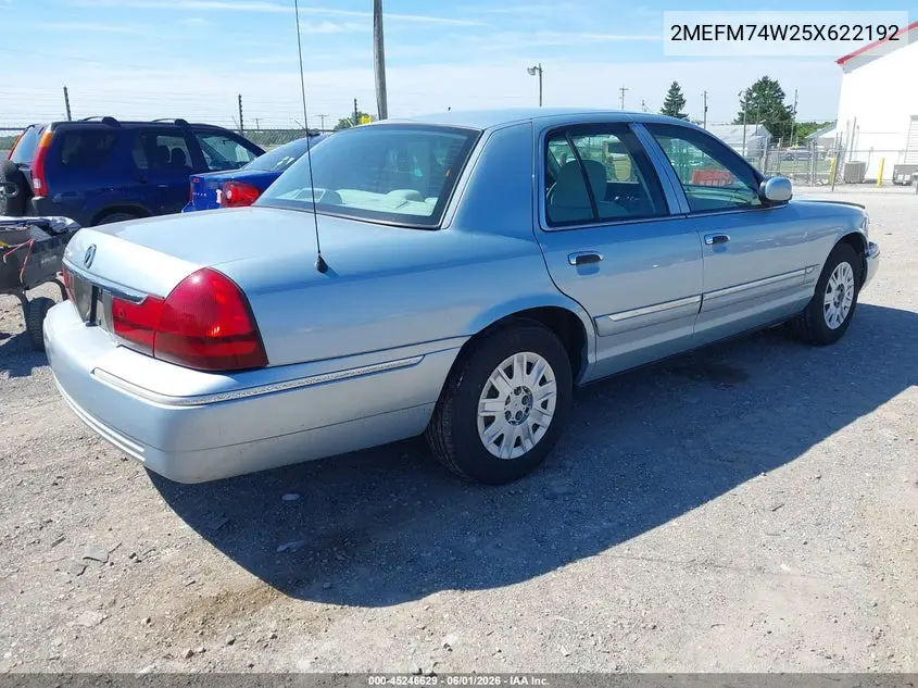 2005 Mercury Grand Marquis Gs VIN: 2MEFM74W25X622192 Lot: 45246629
