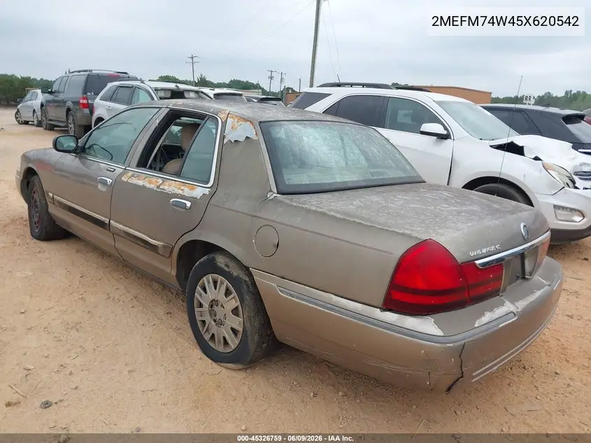2005 Mercury Grand Marquis Gs VIN: 2MEFM74W45X620542 Lot: 45326759