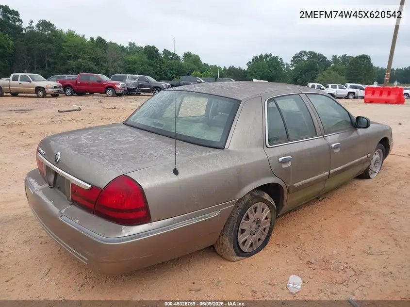 2005 Mercury Grand Marquis Gs VIN: 2MEFM74W45X620542 Lot: 45326759