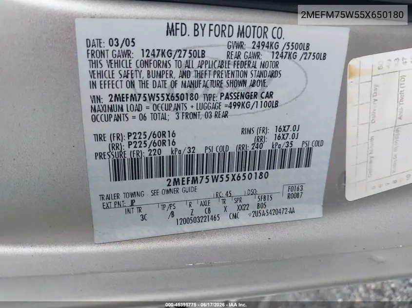 2005 Mercury Grand Marquis Ls/Lse VIN: 2MEFM75W55X650180 Lot: 45395775