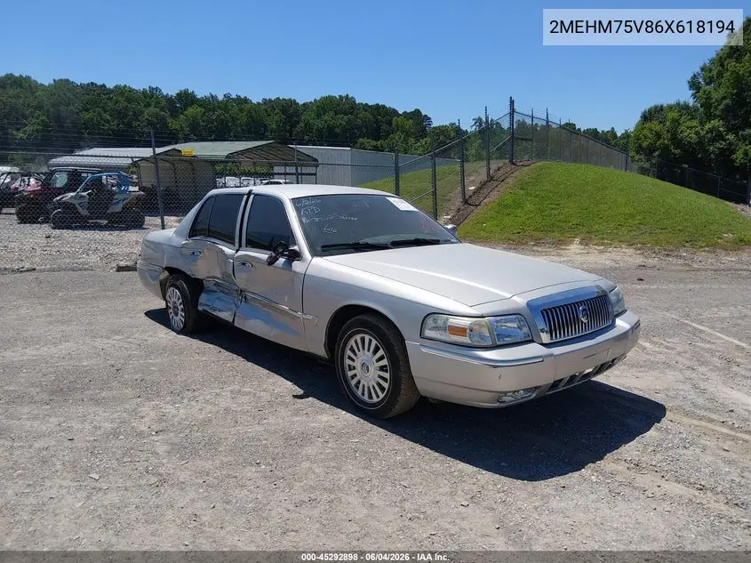 2006 Mercury Grand Marquis Ls VIN: 2MEHM75V86X618194 Lot: 45292898