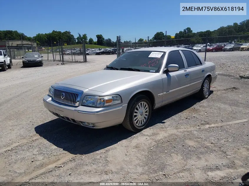 2006 Mercury Grand Marquis Ls VIN: 2MEHM75V86X618194 Lot: 45292898