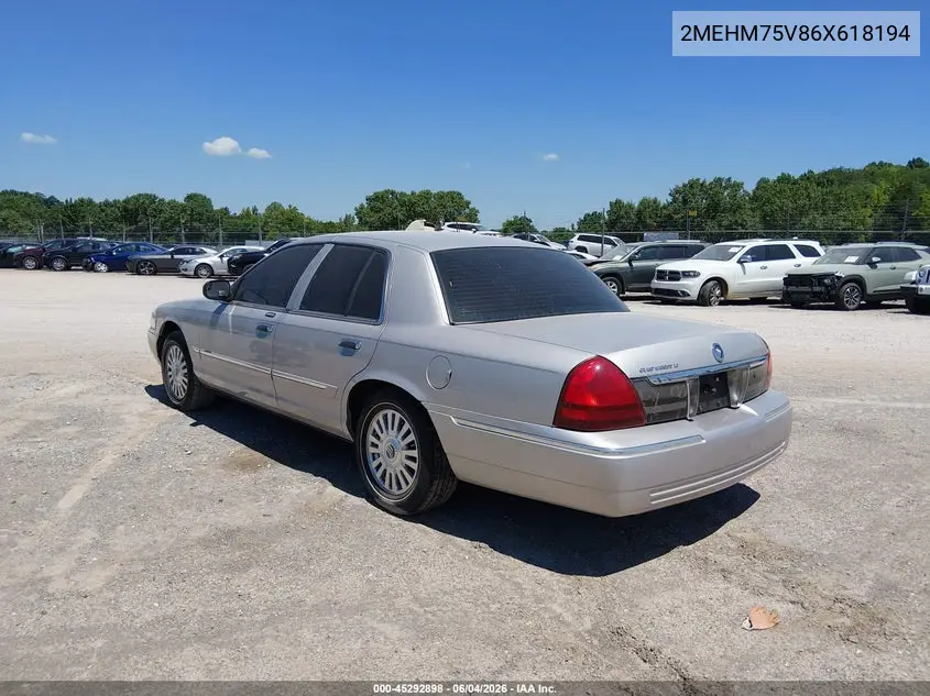 2006 Mercury Grand Marquis Ls VIN: 2MEHM75V86X618194 Lot: 45292898