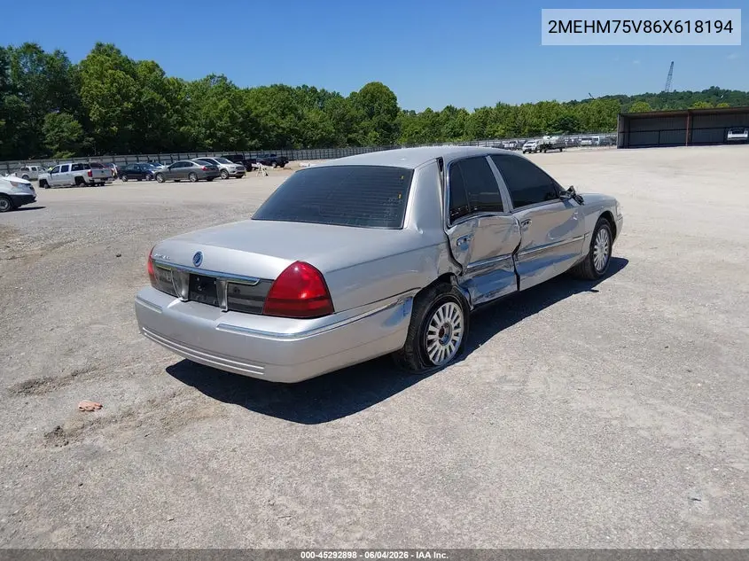 2006 Mercury Grand Marquis Ls VIN: 2MEHM75V86X618194 Lot: 45292898