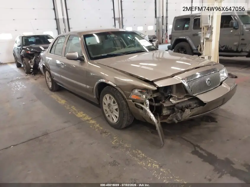 2006 Mercury Grand Marquis Gs VIN: 2MEFM74W96X647056 Lot: 45516089