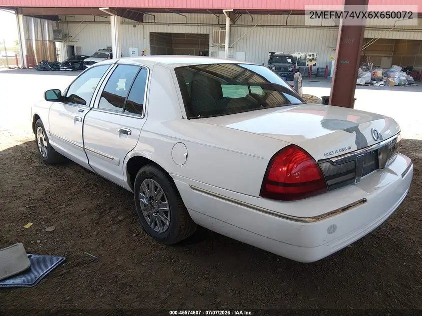 2006 Mercury Grand Marquis Gs VIN: 2MEFM74VX6X650072 Lot: 45574607