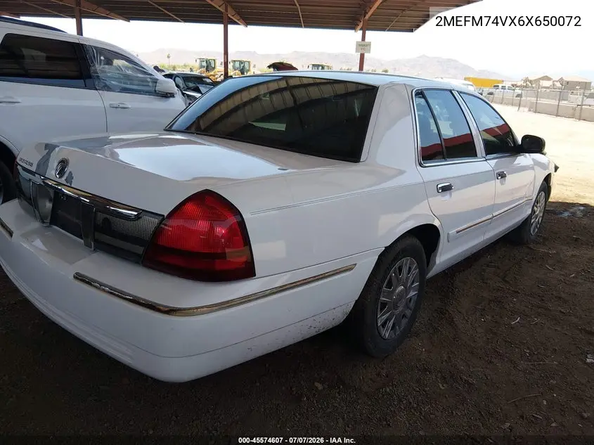 2006 Mercury Grand Marquis Gs VIN: 2MEFM74VX6X650072 Lot: 45574607