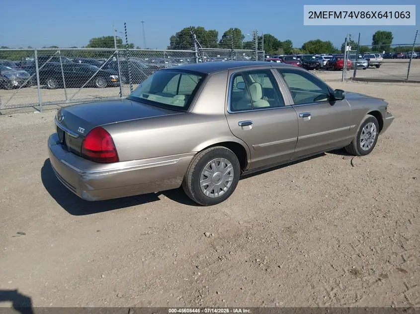 2006 Mercury Grand Marquis Gs VIN: 2MEFM74V86X641063 Lot: 45608446