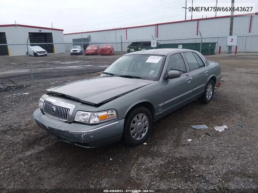 2006 Mercury Grand Marquis Ls VIN: 2MEFM75W66X643627 Lot: 45640933