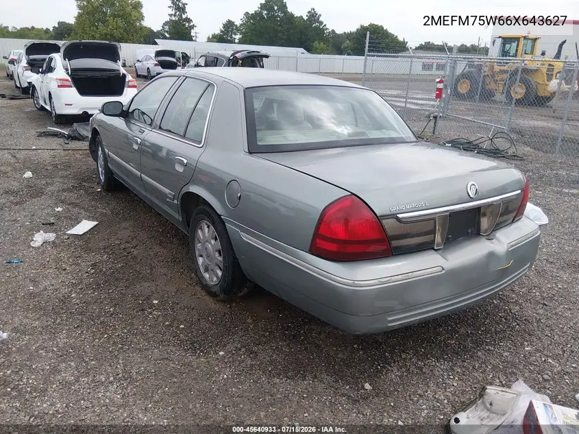 2006 Mercury Grand Marquis Ls VIN: 2MEFM75W66X643627 Lot: 45640933
