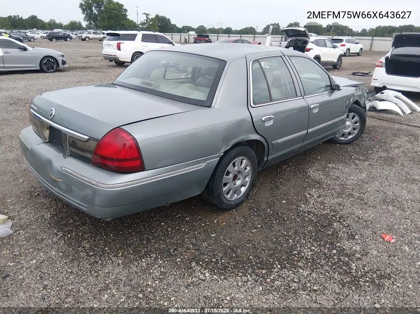 2006 Mercury Grand Marquis Ls VIN: 2MEFM75W66X643627 Lot: 45640933
