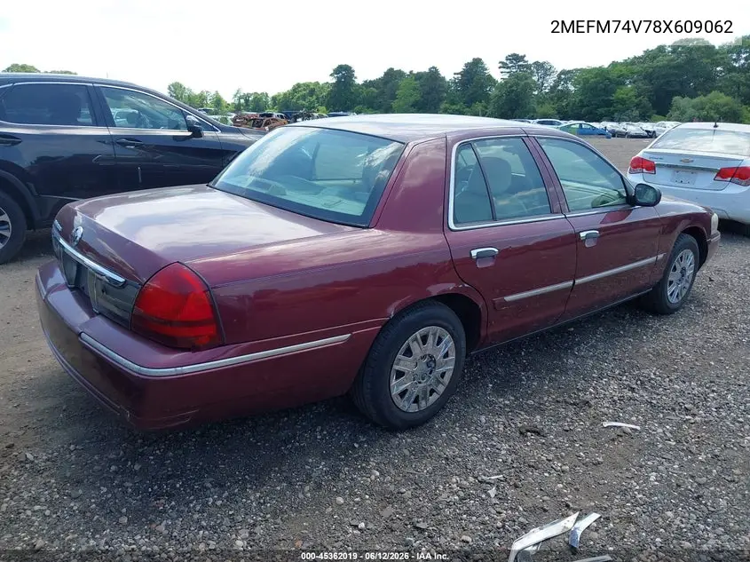 2008 Mercury Grand Marquis Gs VIN: 2MEFM74V78X609062 Lot: 45362019