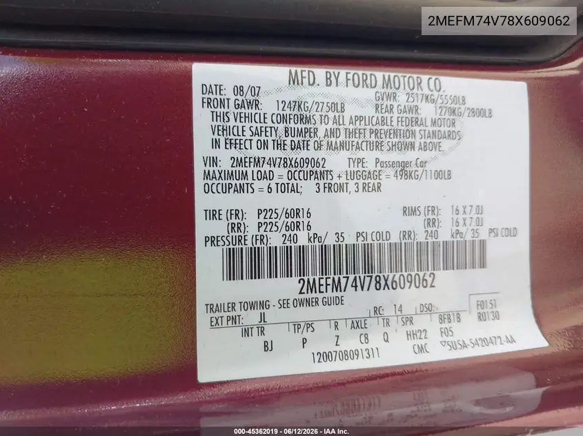 2008 Mercury Grand Marquis Gs VIN: 2MEFM74V78X609062 Lot: 45362019