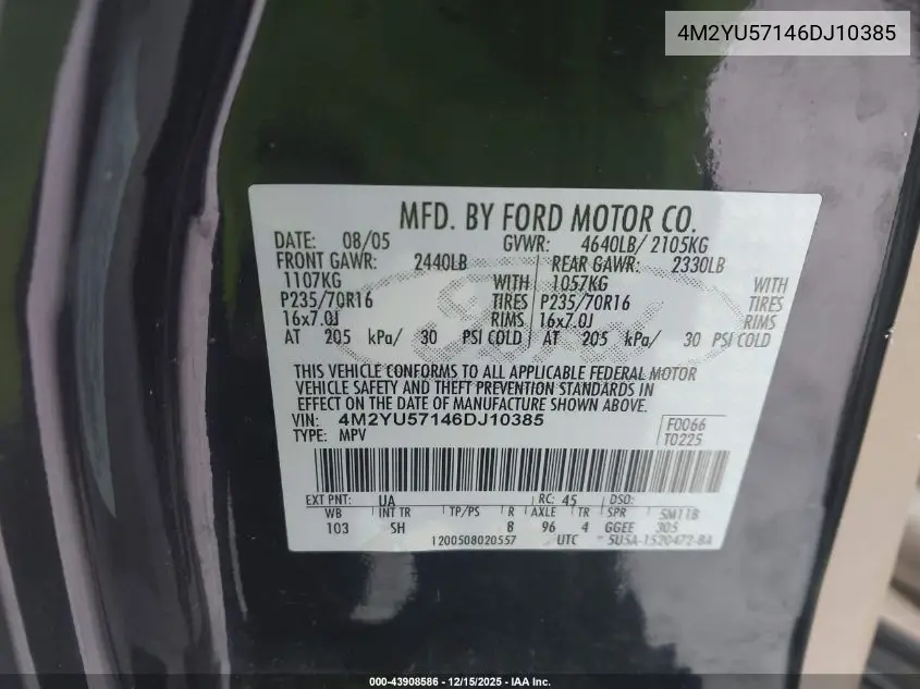 4M2YU57146DJ10385 2006 Mercury Mariner Luxury/Premier