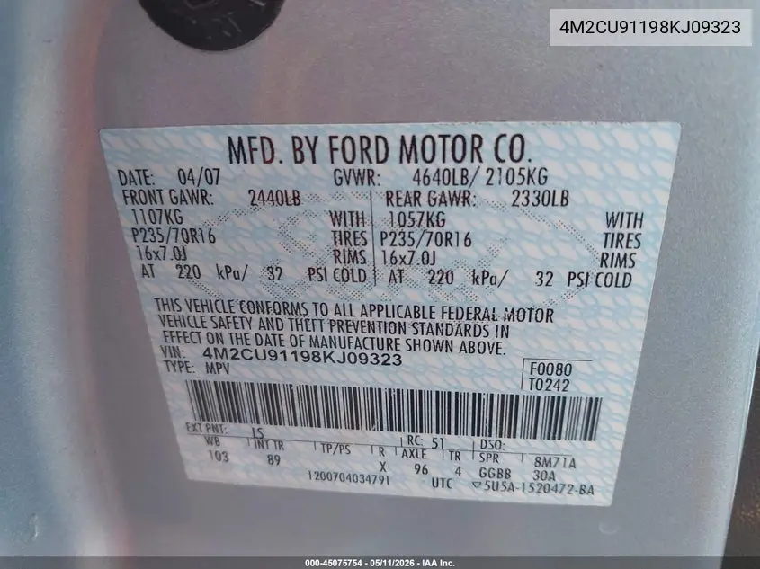 2008 Mercury Mariner V6 VIN: 4M2CU91198KJ09323 Lot: 45075754