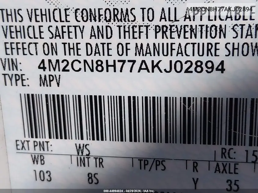 2010 Mercury Mariner Premier VIN: 4M2CN8H77AKJ02894 Lot: 44994824