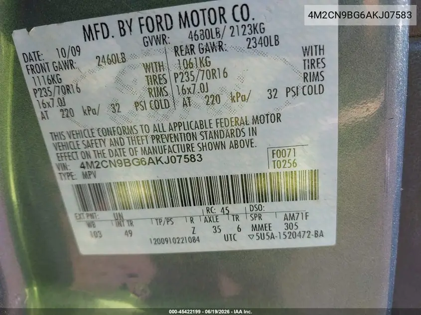 2010 Mercury Mariner VIN: 4M2CN9BG6AKJ07583 Lot: 45422199