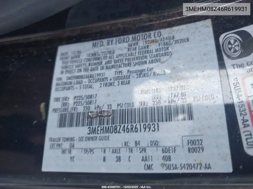 2006 Mercury Milan I4 Premier VIN: 3MEHM08Z46R619931 Lot: 43365781