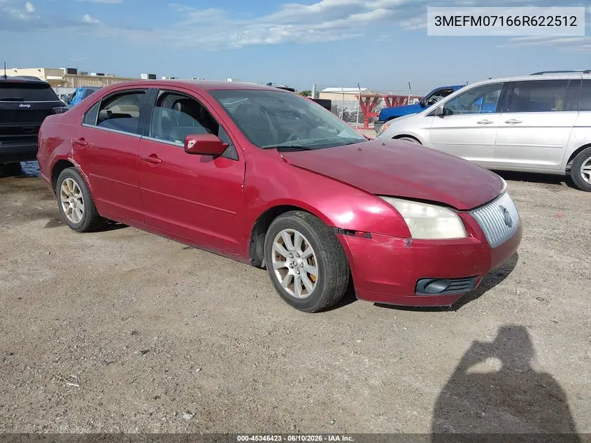 2006 Mercury Milan V6 VIN: 3MEFM07166R622512 Lot: 45346423
