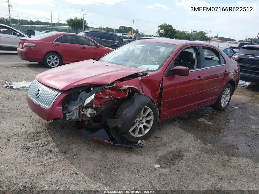 2006 Mercury Milan V6 VIN: 3MEFM07166R622512 Lot: 45346423