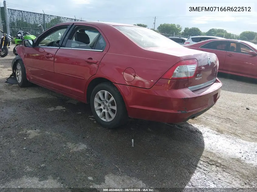 2006 Mercury Milan V6 VIN: 3MEFM07166R622512 Lot: 45346423