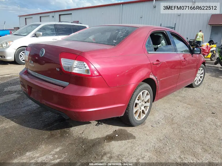 2006 Mercury Milan V6 VIN: 3MEFM07166R622512 Lot: 45346423