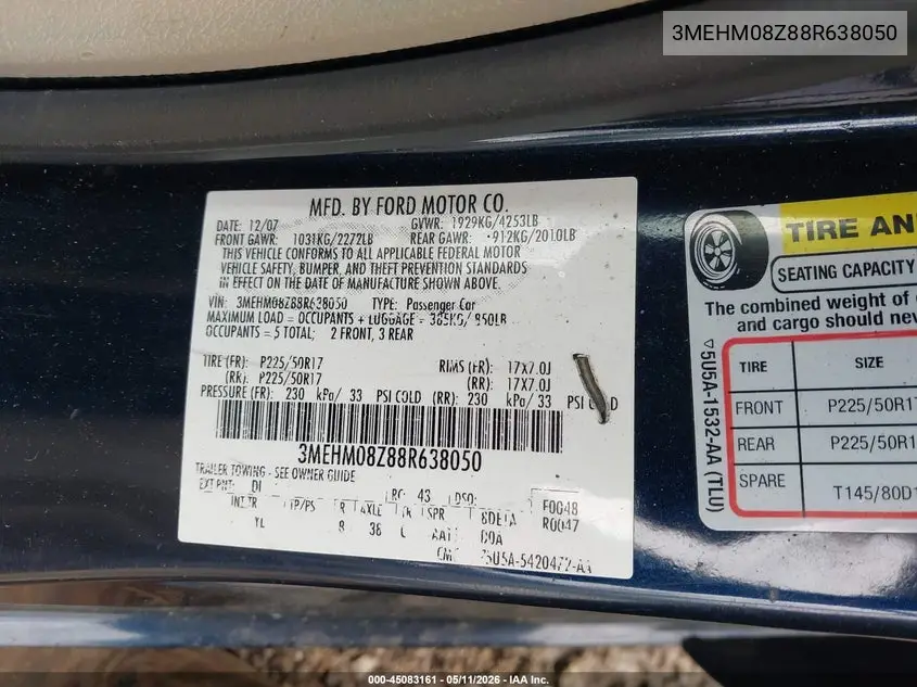 2008 Mercury Milan I4 Premier VIN: 3MEHM08Z88R638050 Lot: 45083161