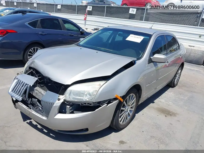 2008 Mercury Milan V6 VIN: 3MEHM07198R600600 Lot: 45383021