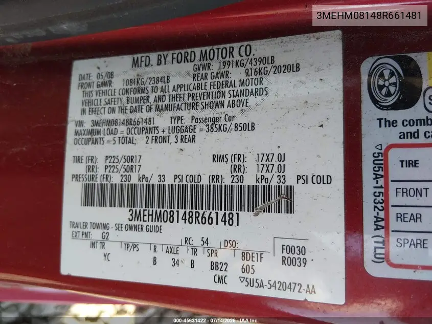 2008 Mercury Milan V6 Premier VIN: 3MEHM08148R661481 Lot: 45631422