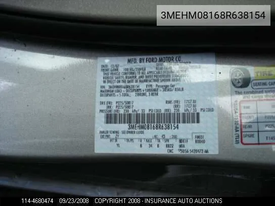 2008 Mercury Milan VIN: 3MEHM08168R638154 Lot: 4680474