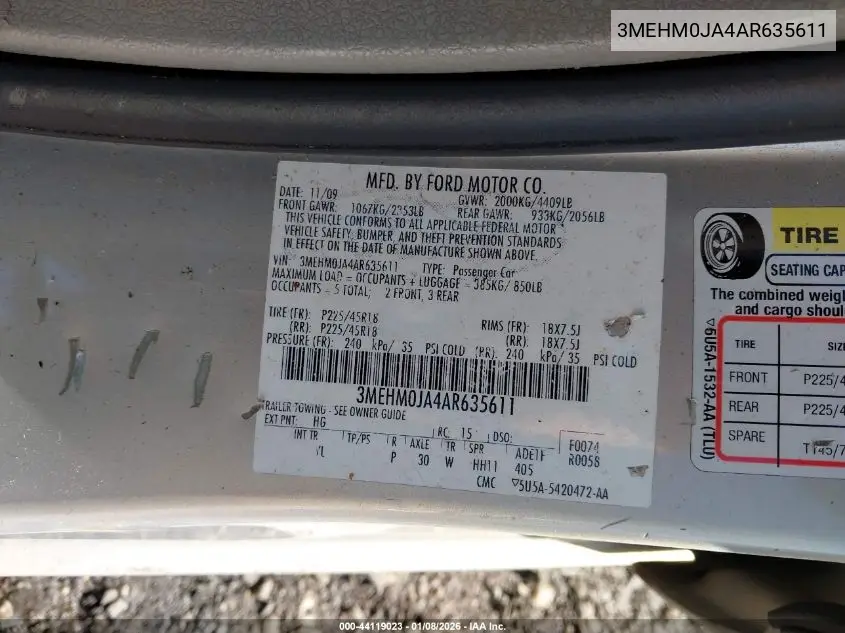 2010 Mercury Milan Premier VIN: 3MEHM0JA4AR635611 Lot: 44119023