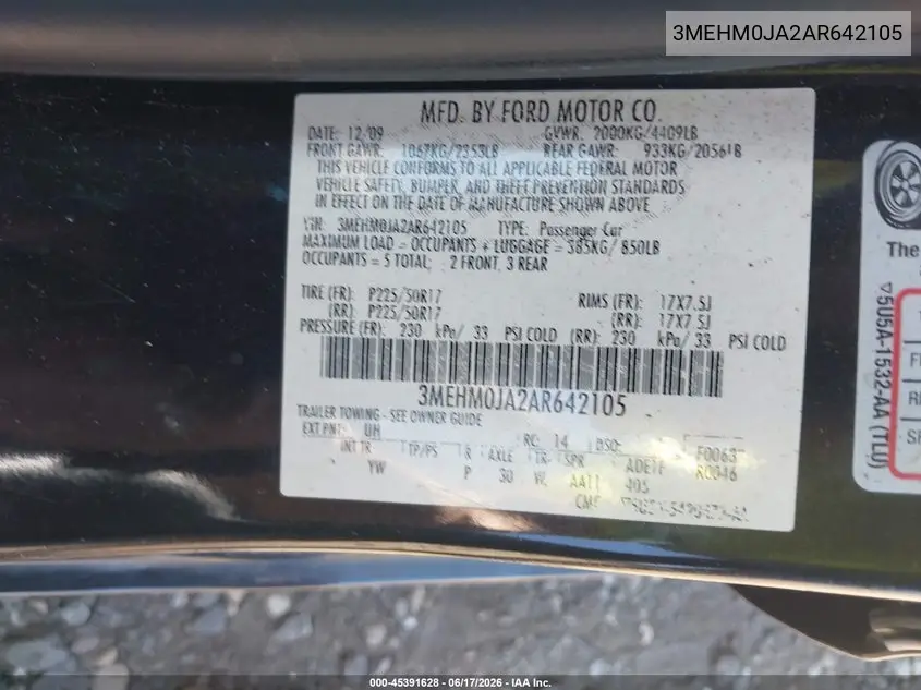 2010 Mercury Milan Premier VIN: 3MEHM0JA2AR642105 Lot: 45391628