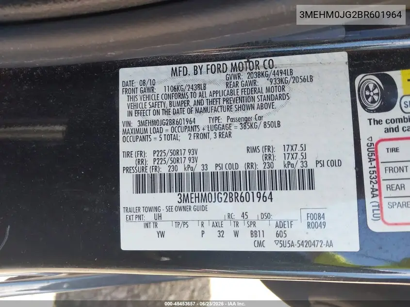 2011 Mercury Milan Premier VIN: 3MEHM0JG2BR601964 Lot: 45453657