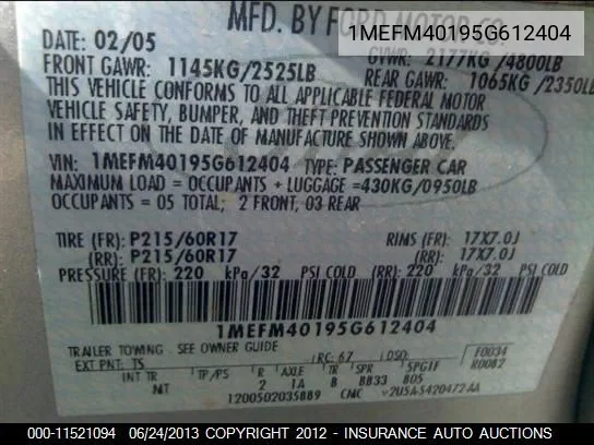 2005 Mercury Montego Grand Marquis Ls VIN: 1MEFM40195G612404 Lot: 11521094
