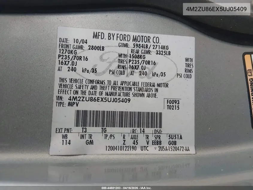 2005 Mercury Mountaineer VIN: 4M2ZU86EX5UJ05409 Lot: 44881203