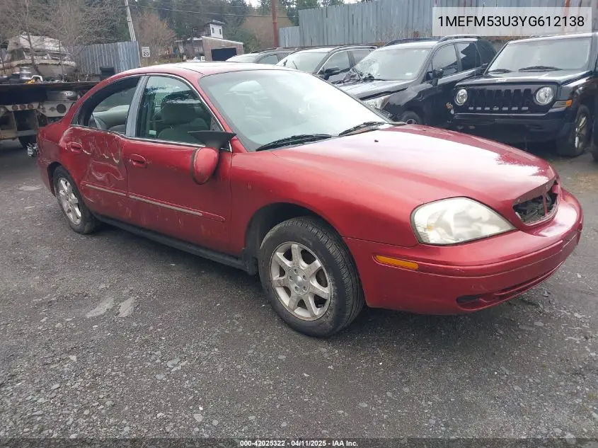 2000 Mercury Sable Ls VIN: 1MEFM53U3YG612138 Lot: 42025322