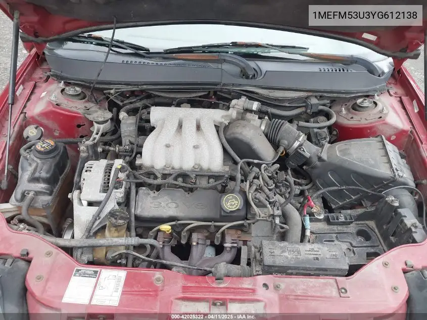 2000 Mercury Sable Ls VIN: 1MEFM53U3YG612138 Lot: 42025322