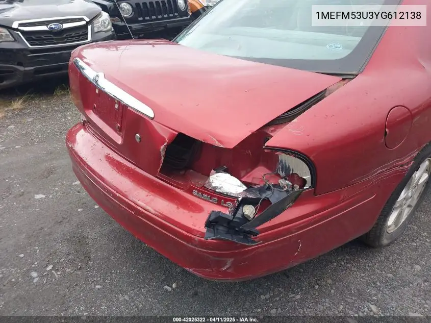 2000 Mercury Sable Ls VIN: 1MEFM53U3YG612138 Lot: 42025322