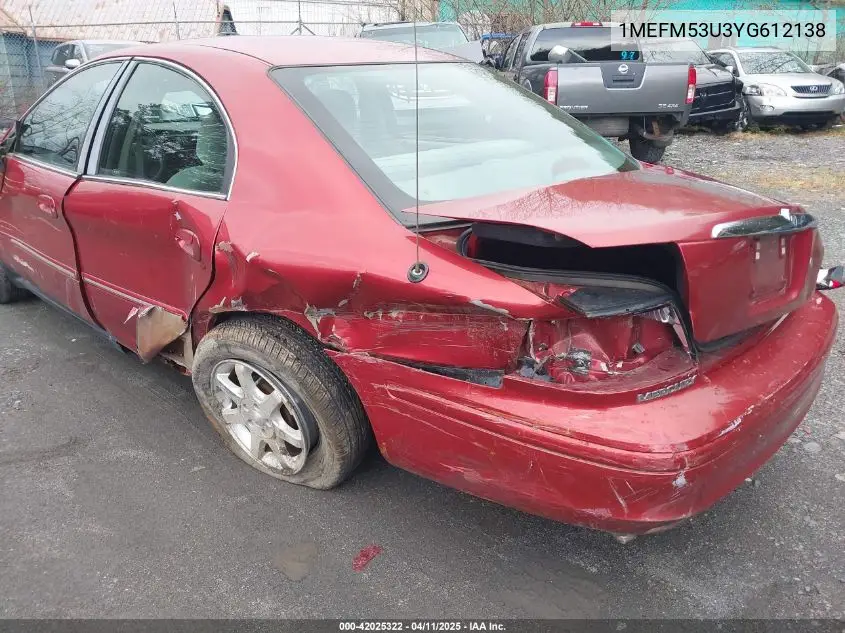 2000 Mercury Sable Ls VIN: 1MEFM53U3YG612138 Lot: 42025322
