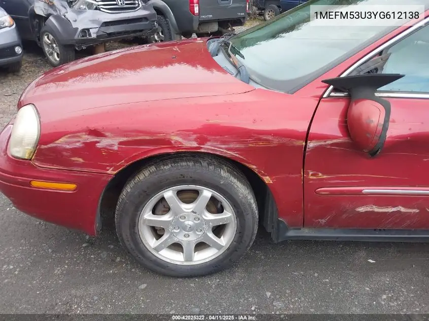 2000 Mercury Sable Ls VIN: 1MEFM53U3YG612138 Lot: 42025322