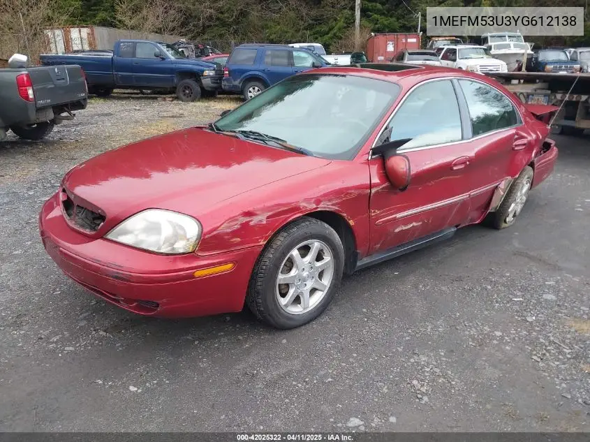 2000 Mercury Sable Ls VIN: 1MEFM53U3YG612138 Lot: 42025322