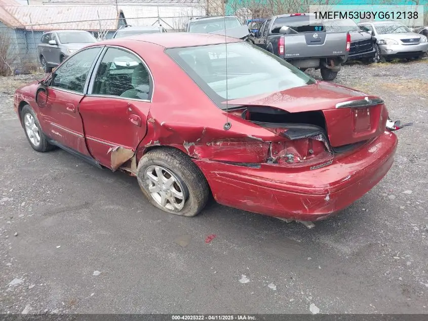 2000 Mercury Sable Ls VIN: 1MEFM53U3YG612138 Lot: 42025322