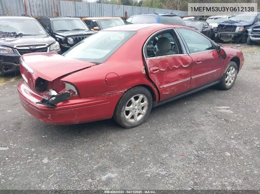 2000 Mercury Sable Ls VIN: 1MEFM53U3YG612138 Lot: 42025322